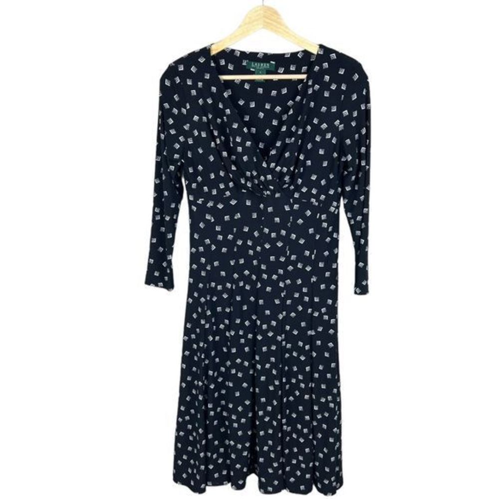 Lauren Ralph Lauren Womens Black White Geometric Pleated V Neck A-Lineโ Dress 4